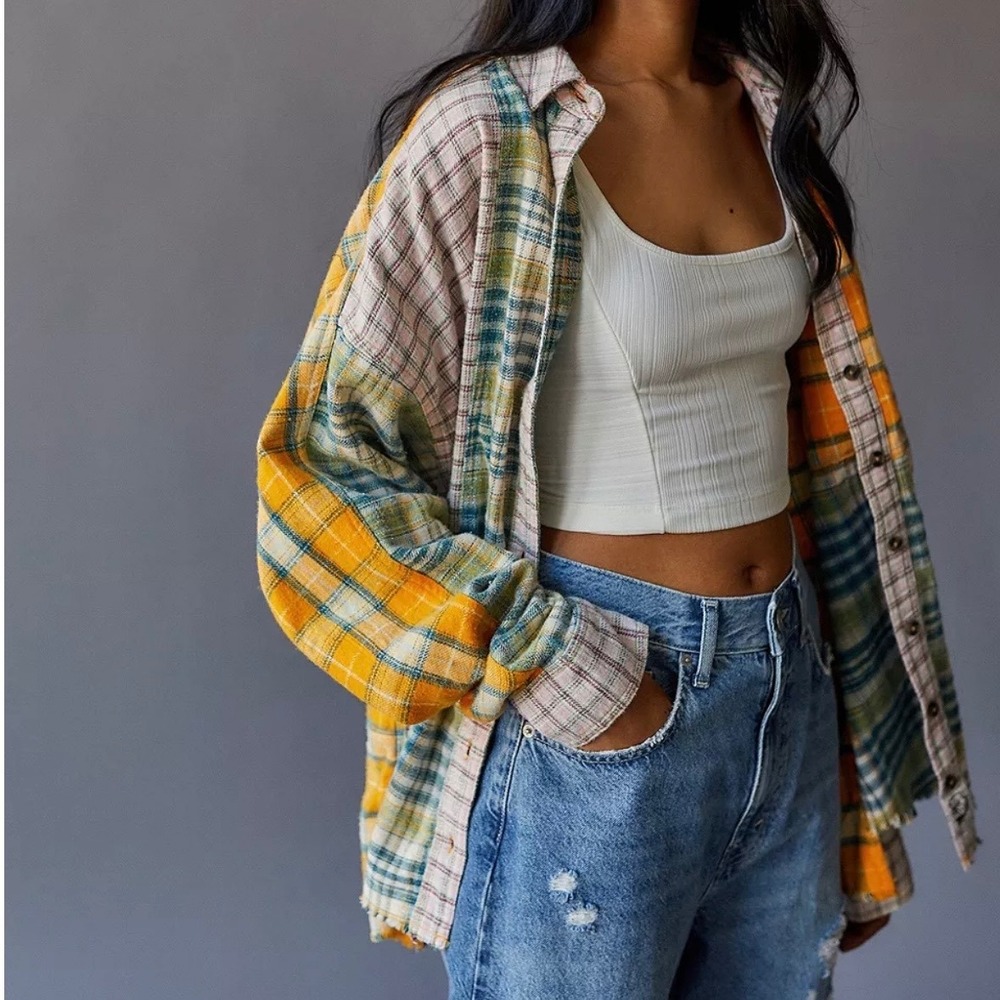 BDG Mixed Plaid Patchwork Oversized Flannel Shirt Womens Medium Yellow Pink Boho